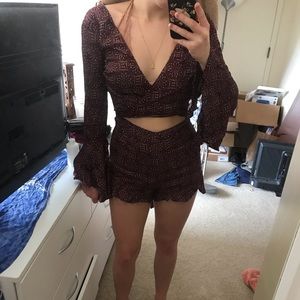 Burgundy, printed, long sleeved romper
